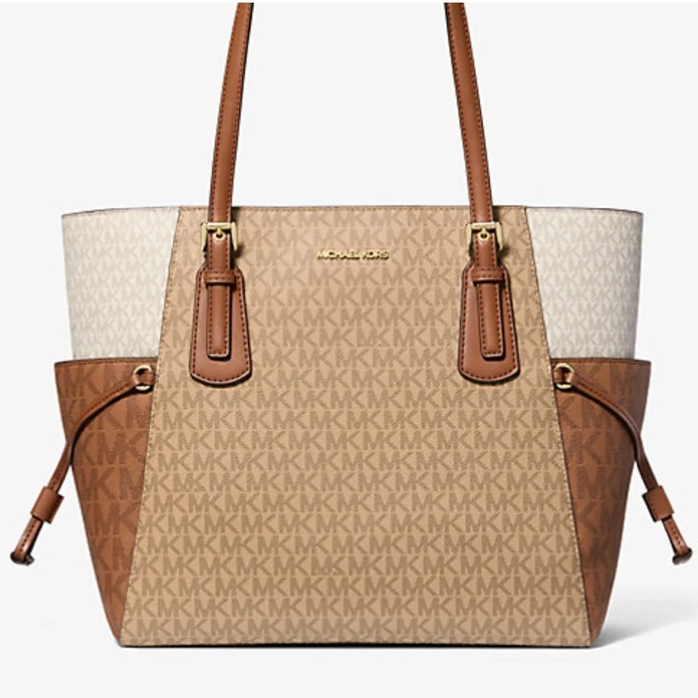 Michael Kors Voyager Large Color-Block Signature Logo Tote Bag Camel Multi  NWT